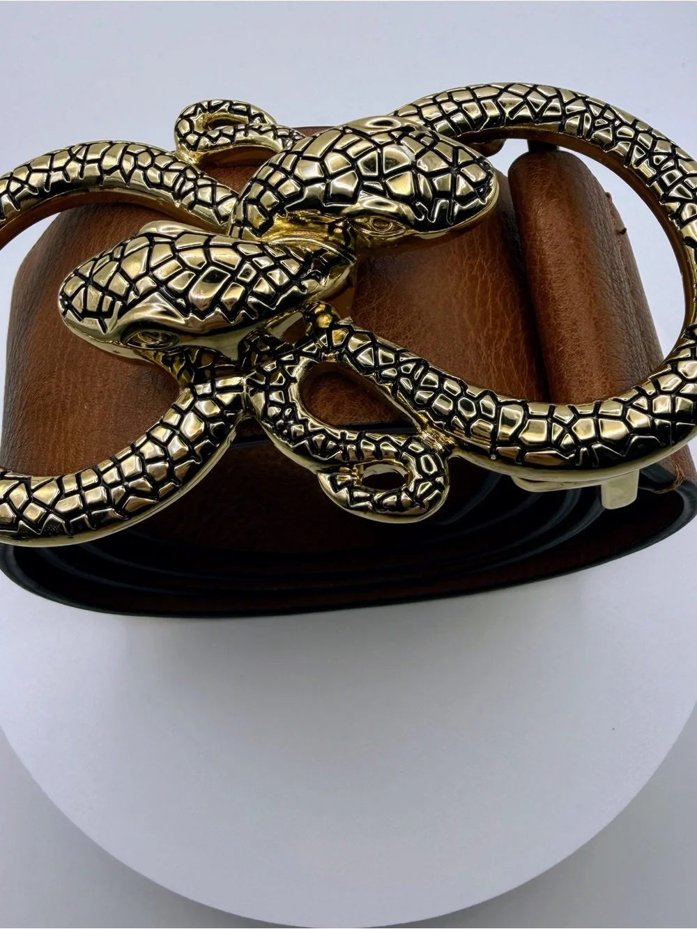 Express Brown Leather Belt with Gold Double-Snake Buckle